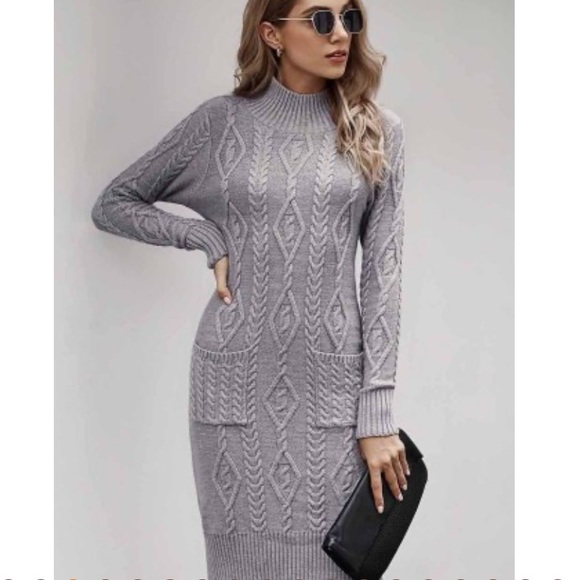 Gray High Neck Textured Bodycon Sweater Dress - Picture 5 of 13